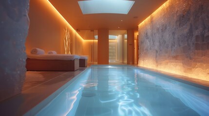 A long indoor swimming pool with a bench and two chairs