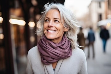 Poster - Portrait of a happy senior woman with scarf in a city street