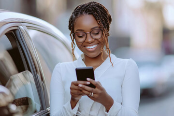 A woman standing in front of a car, engrossed in her phone.