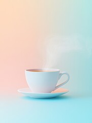 Wall Mural - The white tea cup releases gently swirling steam, creating a warm atmosphere in a soft, pastel-colored setting. Generative AI