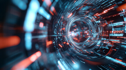 Wall Mural - futuristic digital tunnel with glowing light spots, perfect for tech concept design