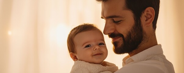 A joyful moment between a father and his smiling baby in a warm environment, showcasing love and connection.