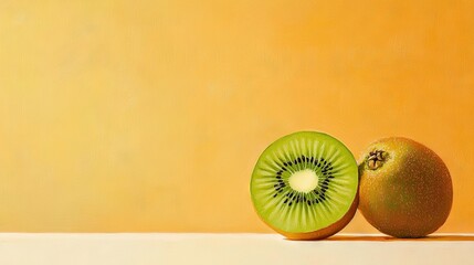   A painting depicts two kiwis cut in half, displayed on a yellow background