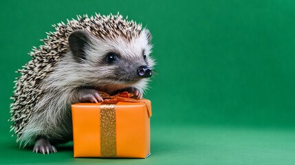 Cute hedgehog with a small gift box, set against a vibrant green background.