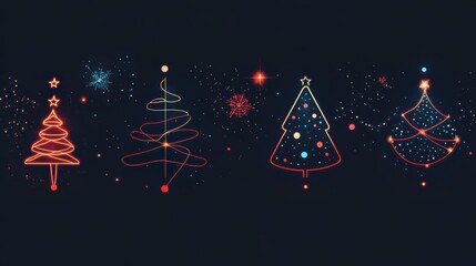 Wall Mural - Glowing silhouettes of Christmas symbols like trees and ornaments shine against a dark background, evoking holiday cheer and warmth. Generative AI