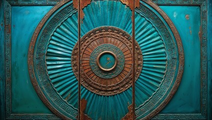 Poster - Circular Wooden Panel with Blue and Brown Geometric Pattern