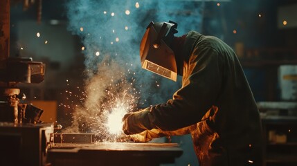 Worker using arc welder for metalwork at industrial factory