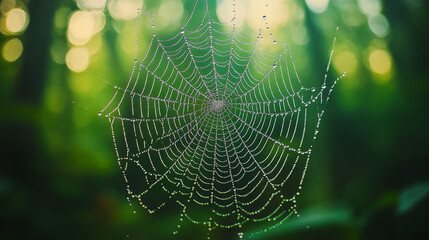 a macro shot of a spider web covered in morning dew, each droplet glistening like tiny beads
