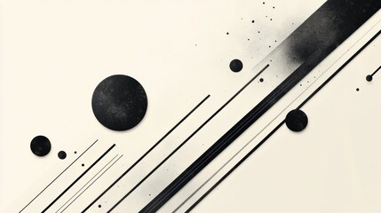Poster - Black diagonal lines intersect a light, neutral backdrop, accompanied by circles of different sizes enhancing the composition. Generative AI