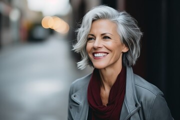 Sticker - Portrait of happy senior woman looking at camera in the city.