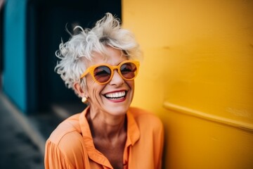 Wall Mural - portrait of happy senior woman in orange sunglasses on yellow wall background