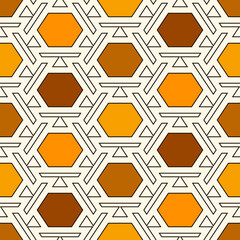 Poster - Contemporary honeycomb geometric pattern. Repeated hexagon ornament. Modern mosaic tiles background. Seamless surface abstract design. Geo wallpaper. Digital paper, textile print. Vector illustration