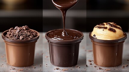 Wall Mural - Shows three containers: one with chocolate chunks, another with melted chocolate pouring, and the third with dough