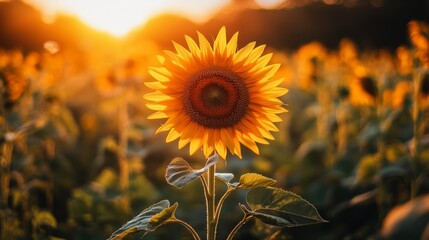 Poster - A Single Sunflower in a Field of Golden Sunflowers at Sunset