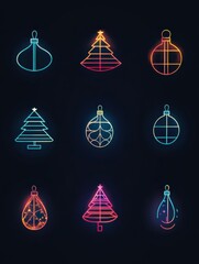 Canvas Print - Minimalist silhouettes of glowing Christmas trees and ornaments shine brightly on a dark background, creating a festive atmosphere. Generative AI