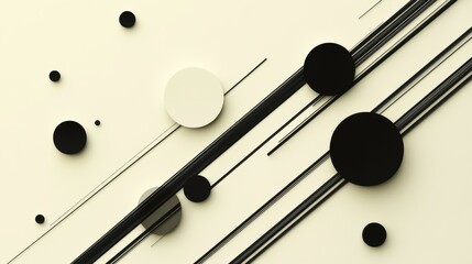 Poster - A design showcases black diagonal lines crossing a light background, complemented by circles of different sizes, reflecting minimalism. Generative AI