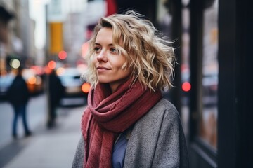 Wall Mural - Portrait of a beautiful blonde woman in a coat and scarf on the street