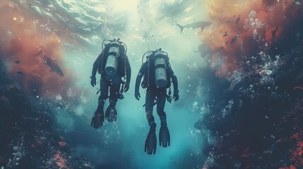 Two scuba divers swim underwater in ocean space . Two divers exploring