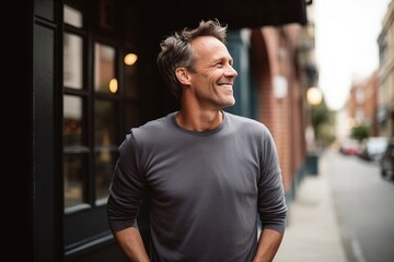 Wall Mural - Portrait of a handsome man smiling in an urban setting, looking away