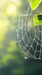 Wall Mural -   A macro shot of a spider web with water droplets and a leaf in the foreground