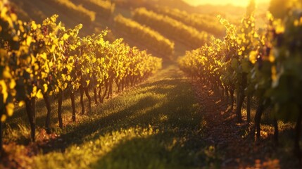 Poster - Rows of Grapevines Bathed in Warm Sunset Light