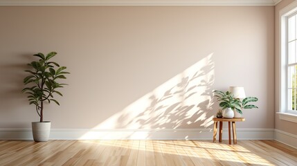 A minimalist interior design with a light wooden floor, a large window, and two plants on a side table. The room is illuminated by sunlight streaming through the window, creating a shadow on the wall.