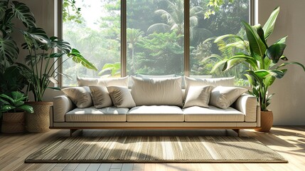 Wall Mural - White sofa with cushions in a modern living room with large windows and green plants.