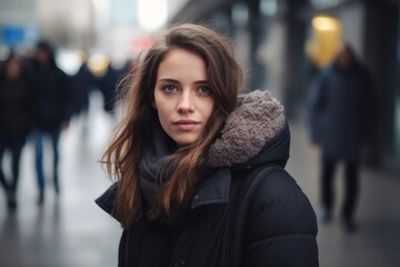 Portrait of a beautiful young woman in a winter coat in the city