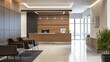 © IMAGINIAC - Modern Office Reception Area with Wooden Paneling and Black Leather Chairs