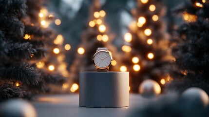 Elegant Watch with Festive Lights Background Amidst Illuminated Holiday Trees and Ornaments