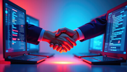 Two digital hands shaking over computer screens symbolize virtual collaboration and online connections in a digital world. The scene represents global teamwork and futuristic technology.