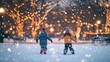 © Naturalis - Two Children Playing Joyfully in a Snowy Park Surrounded by Festive Lights at Winter Evening
