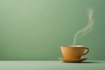 Aufkleber - A warm tea cup sits on a saucer, with smooth steam rising gently, set against a calming green backdrop, inviting relaxation and comfort. Generative AI
