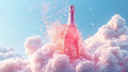 A pastel champagne party in the blue sky with clouds. A pastel liquor bottle with a pink drink exploding out of it. Illustration. Generative AI.