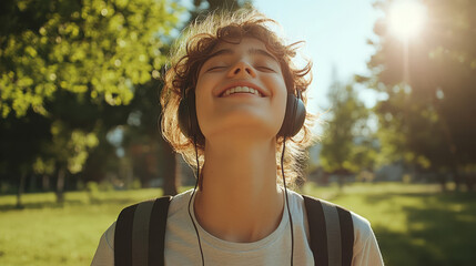 happy young boy student in earphones listening to music outdoors in sunny day