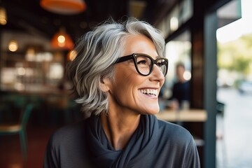 Poster - Portrait of happy senior woman with eyeglasses smiling in cafe