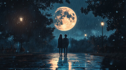 couple night love rain moon pasion