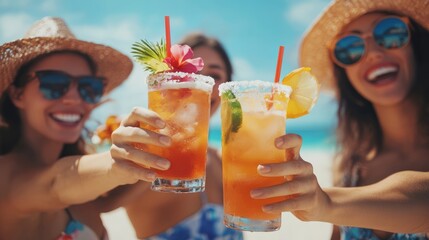 Group of female friends with summer cocktails relaxing and having great fun on the beach of the sea or ocean on an exotic vacation, close-up of cocktails
