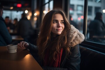 Canvas Print - Portrait of a beautiful young woman sitting in a cafe at night