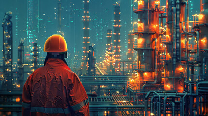 an engineer standing in front of an oil refinery. A man in protective clothing at a chemical plant