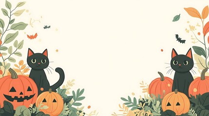 Black cat illustration for Halloween complete with a pumpkin and a bat