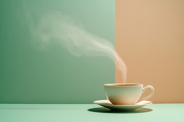 Sticker - A steaming cup of tea sits on its saucer, with smooth steam swirling upward, creating a sense of warmth and calm in a serene environment. Generative AI