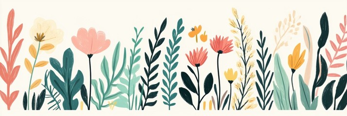 Aufkleber - This artwork features charming minimalist doodles of various flowers and leaves that evoke a refreshing nature theme perfect for spring. Generative AI