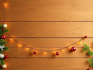 christmas garland mock up copy space, wooden background, merry christmas and happy new year