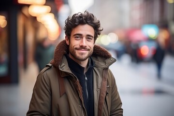 Canvas Print - Portrait of a handsome young man in a city street, wearing a coat.