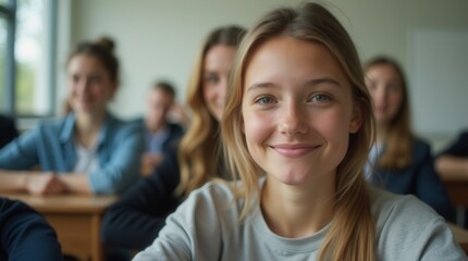 Wall Mural - Portrait of a student in the classroom pupil at school pretty student close up