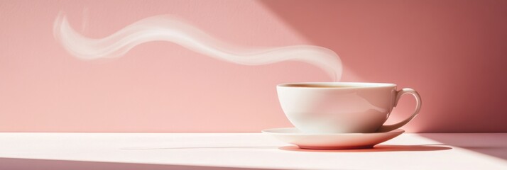 Aufkleber - A delicate tea cup rests on a surface, releasing gently curving steam into the air against a soothing pink backdrop. Generative AI