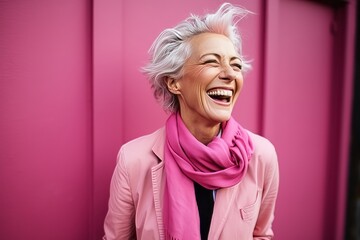 Poster - Portrait of a happy senior woman smiling against pink wall outdoors.