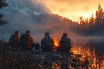 Poster - A group of friends gathering around a campfire, telling stories and laughing, celebrating their friendship in the glow of the fire. Concept of friendship.