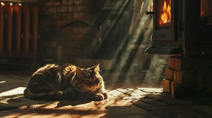 a cat lying in a patch of sunlight near a fireplace, enjoying the warmth on a...